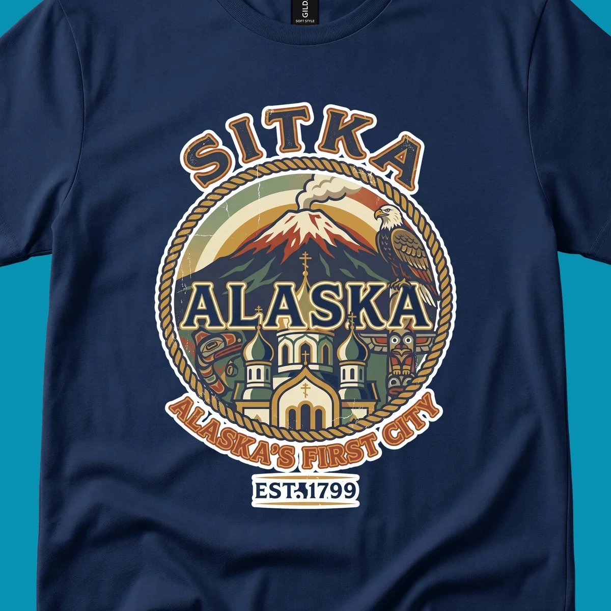 Vintage circular badge design for Sitka Alaska's First City, featuring snow-capped mountain, Russian Orthodox church, bald eagle, and totem pole, established 1799.