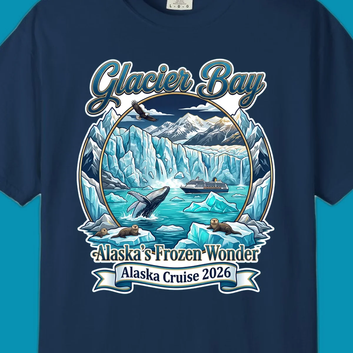 Glacier Bay frozen wonder illustration featuring breaching whale, cruise ship, sea otters, bald eagle, and towering blue glaciers framed by snow-capped mountains