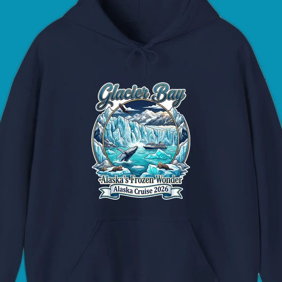 Glacier Bay frozen wonder illustration featuring breaching whale, cruise ship, sea otters, bald eagle, and towering blue glaciers framed by snow-capped mountains