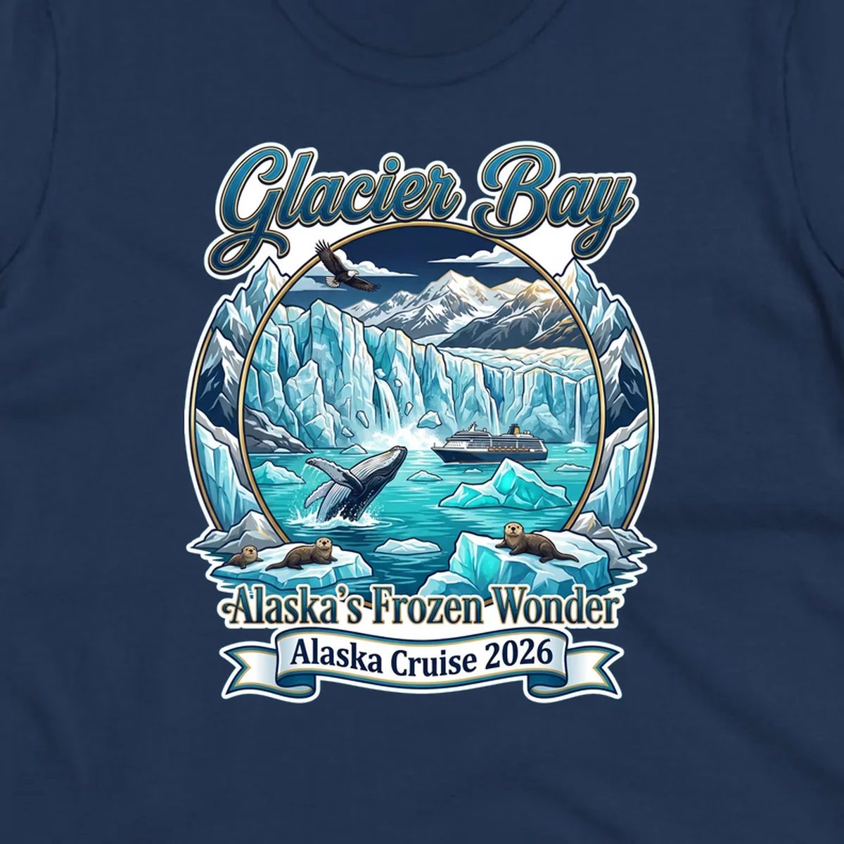 Glacier Bay frozen wonder illustration featuring breaching whale, cruise ship, sea otters, bald eagle, and towering blue glaciers framed by snow-capped mountains