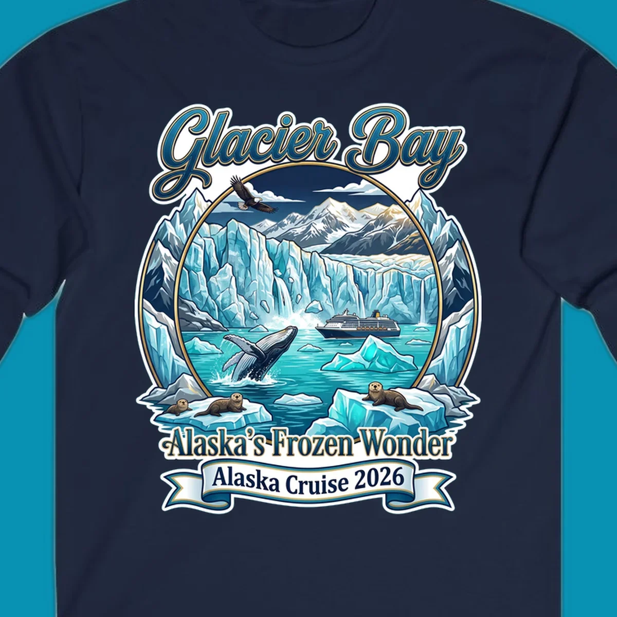 Glacier Bay frozen wonder illustration featuring breaching whale, cruise ship, sea otters, bald eagle, and towering blue glaciers framed by snow-capped mountains