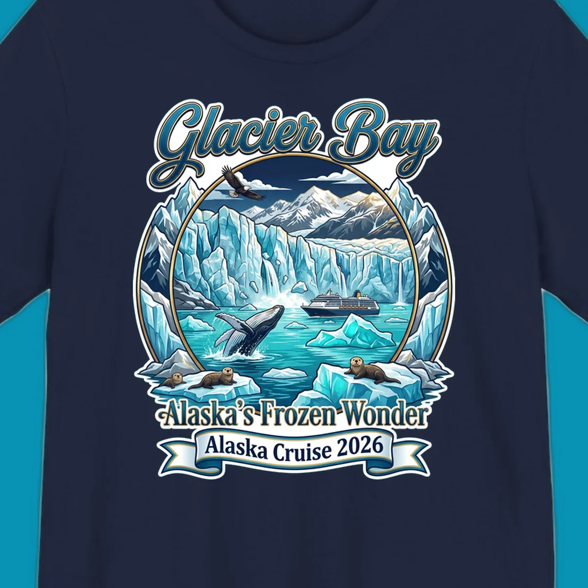 Glacier Bay frozen wonder illustration featuring breaching whale, cruise ship, sea otters, bald eagle, and towering blue glaciers framed by snow-capped mountains