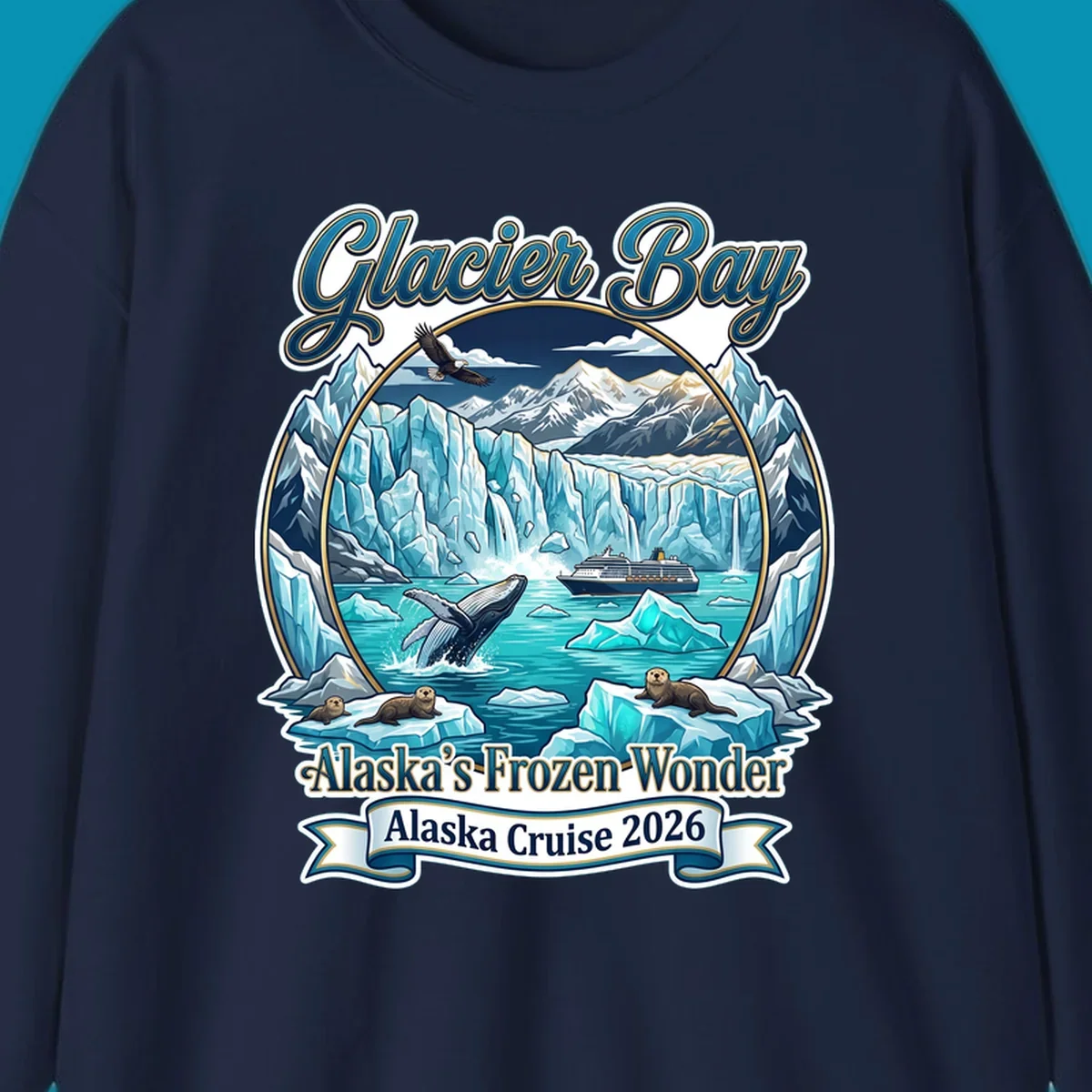 Glacier Bay frozen wonder illustration featuring breaching whale, cruise ship, sea otters, bald eagle, and towering blue glaciers framed by snow-capped mountains