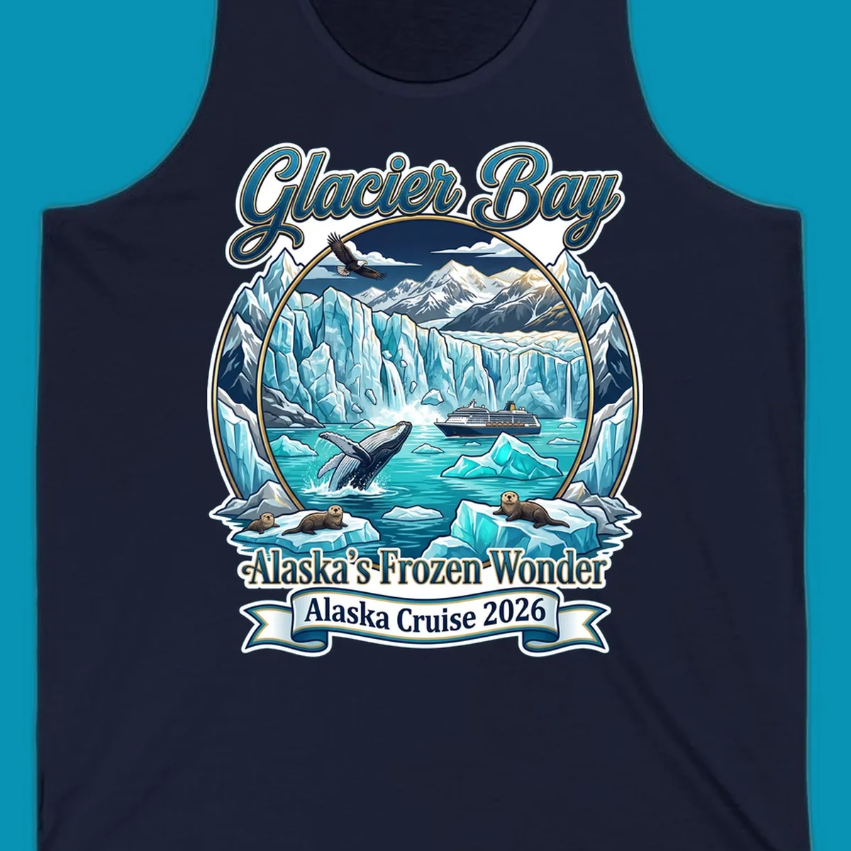 Glacier Bay frozen wonder illustration featuring breaching whale, cruise ship, sea otters, bald eagle, and towering blue glaciers framed by snow-capped mountains