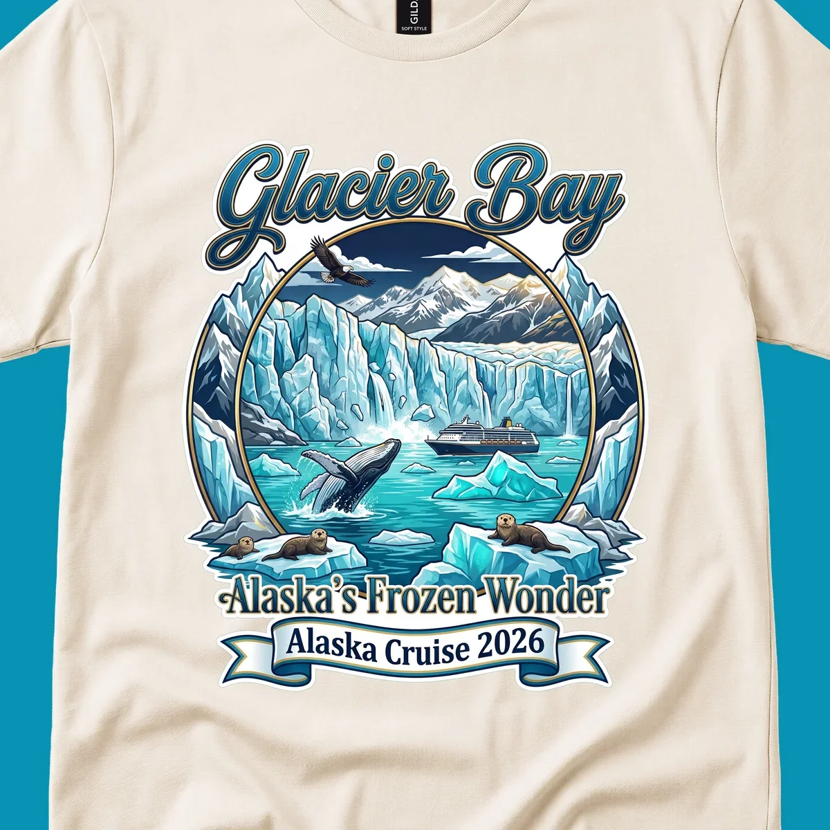 Glacier Bay frozen wonder illustration featuring breaching whale, cruise ship, sea otters, bald eagle, and towering blue glaciers framed by snow-capped mountains