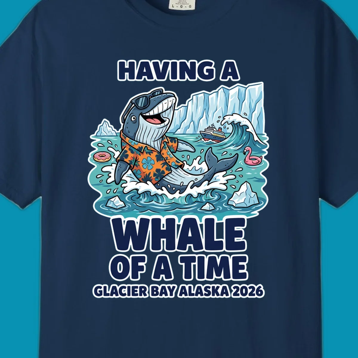 Cartoon whale in sunglasses and Hawaiian shirt splashing in Glacier Bay Alaska waters with icebergs and cruise ship, 'Having a Whale of a Time' text design