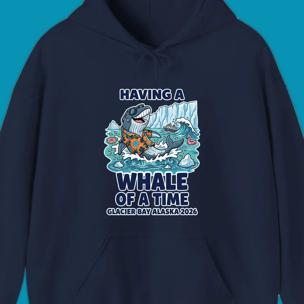 Cartoon whale in sunglasses and Hawaiian shirt splashing in Glacier Bay Alaska waters with icebergs and cruise ship, 'Having a Whale of a Time' text design