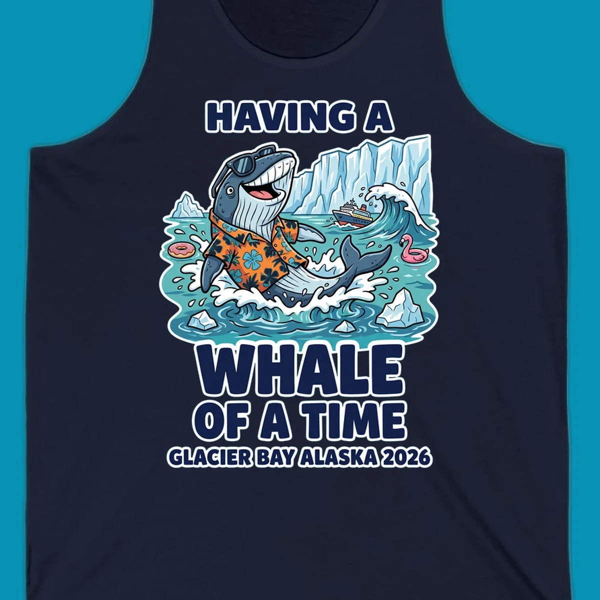 Cartoon whale in sunglasses and Hawaiian shirt splashing in Glacier Bay Alaska waters with icebergs and cruise ship, 'Having a Whale of a Time' text design