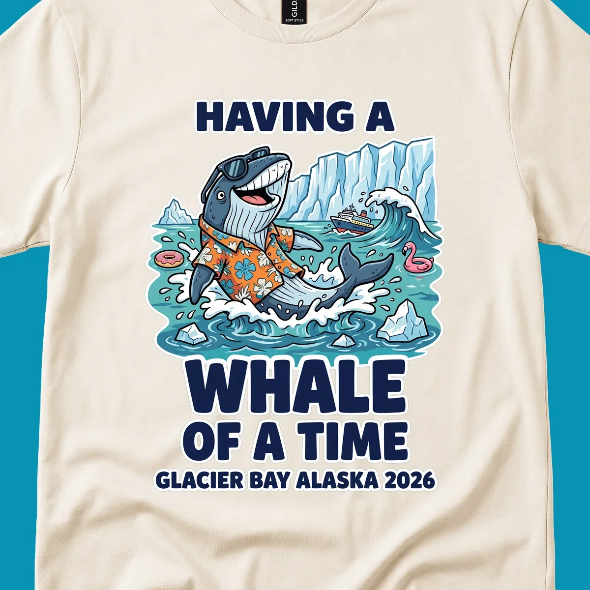 Cartoon whale in sunglasses and Hawaiian shirt splashing in Glacier Bay Alaska waters with icebergs and cruise ship, 'Having a Whale of a Time' text design
