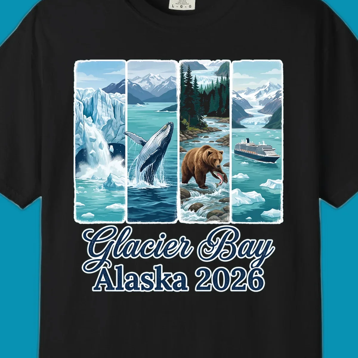 Four-panel Glacier Bay Alaska 2026 illustration featuring glacier icebergs, breaching whale, fishing bear, cruise ship, and snow mountains