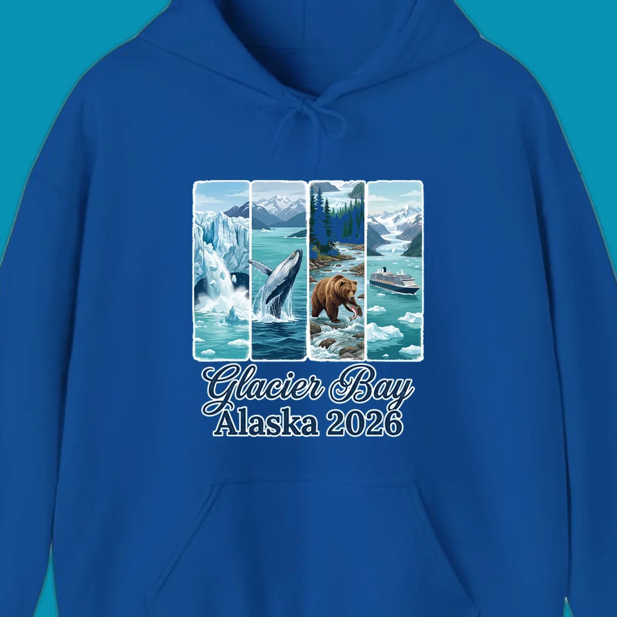 Four-panel Glacier Bay Alaska 2026 illustration featuring glacier icebergs, breaching whale, fishing bear, cruise ship, and snow mountains