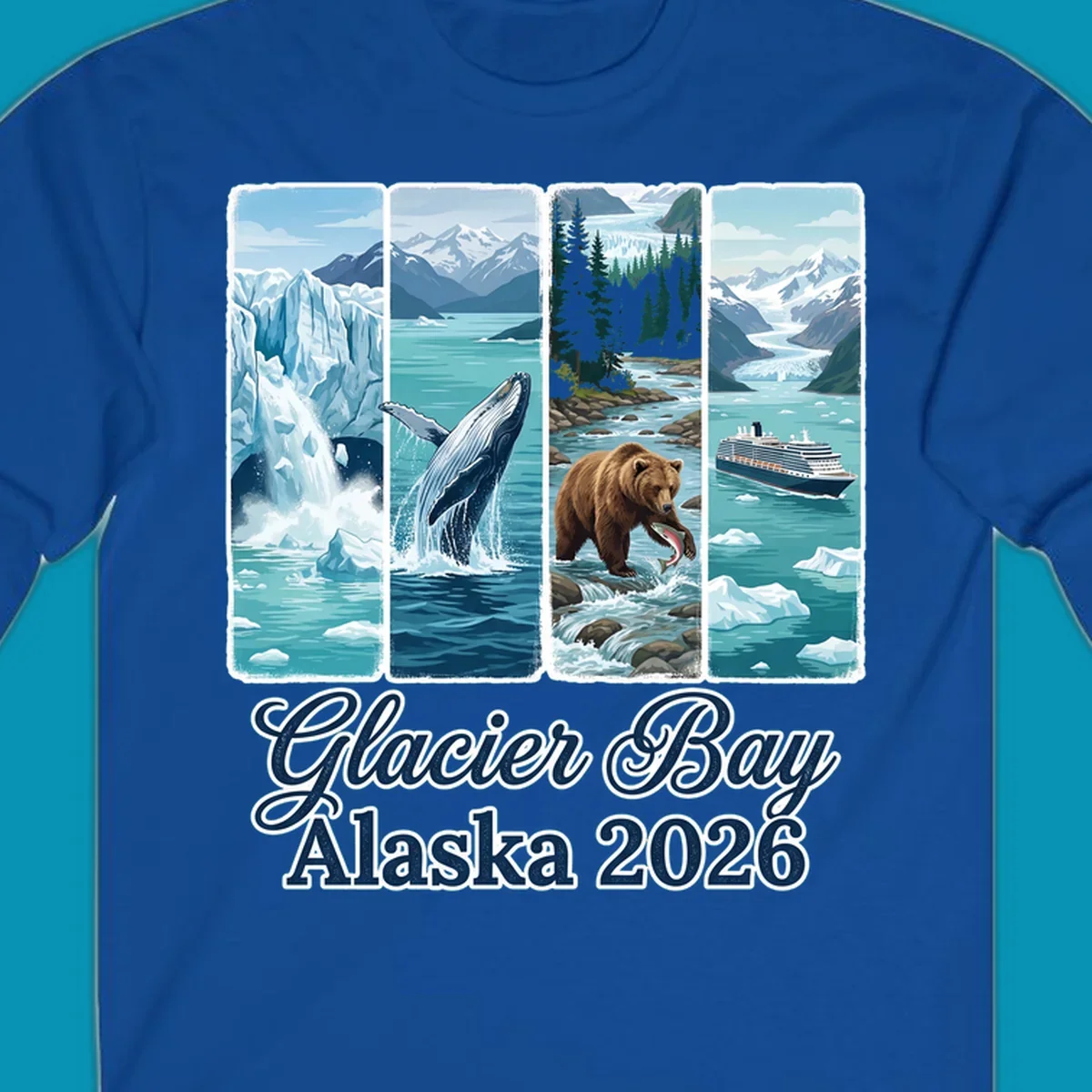 Four-panel Glacier Bay Alaska 2026 illustration featuring glacier icebergs, breaching whale, fishing bear, cruise ship, and snow mountains