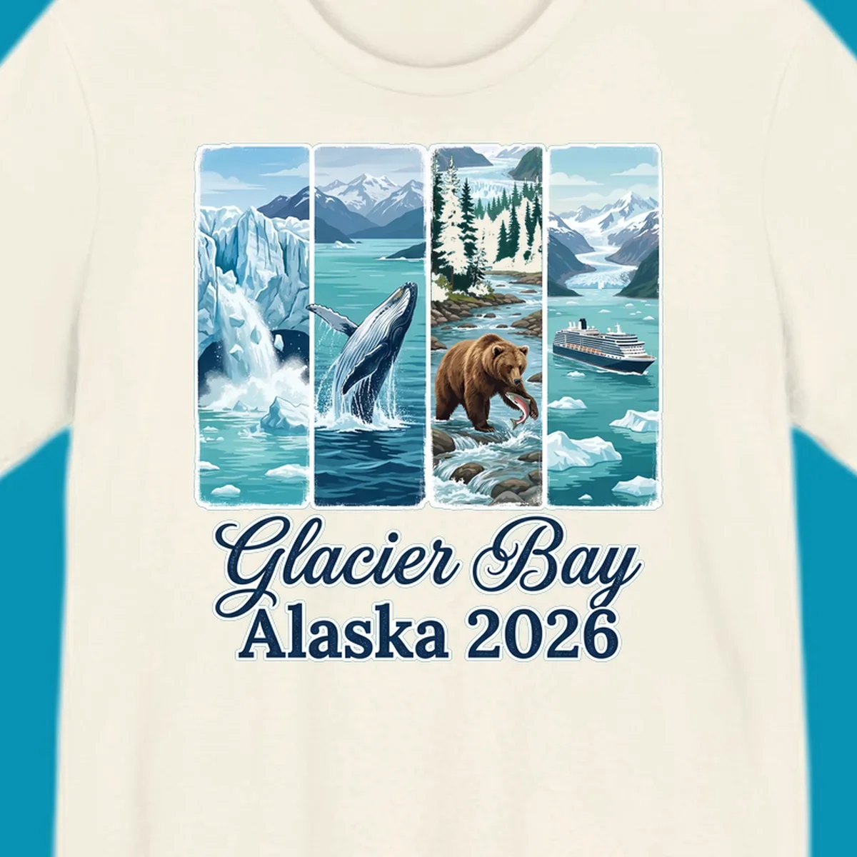Four-panel Glacier Bay Alaska 2026 illustration featuring glacier icebergs, breaching whale, fishing bear, cruise ship, and snow mountains