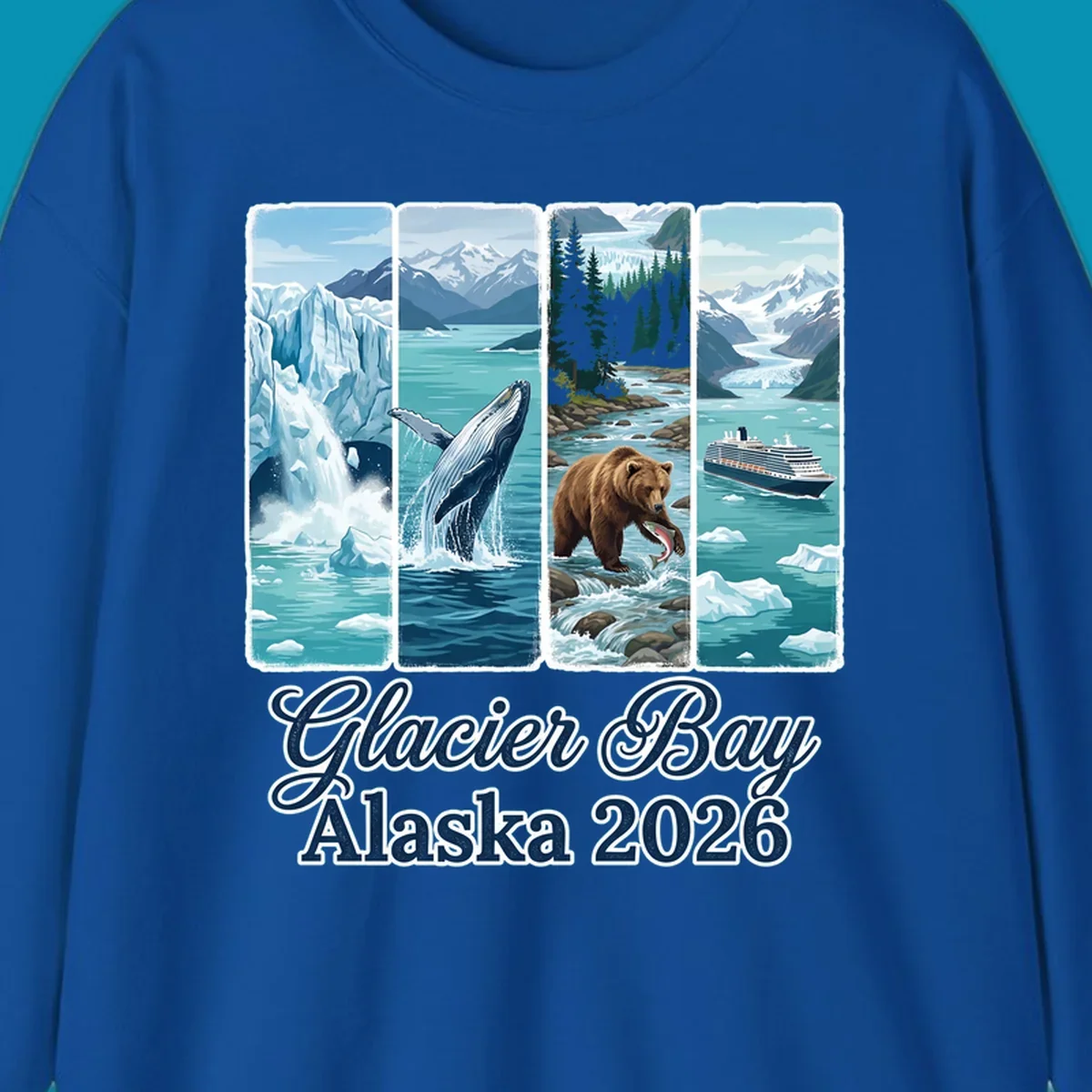 Four-panel Glacier Bay Alaska 2026 illustration featuring glacier icebergs, breaching whale, fishing bear, cruise ship, and snow mountains