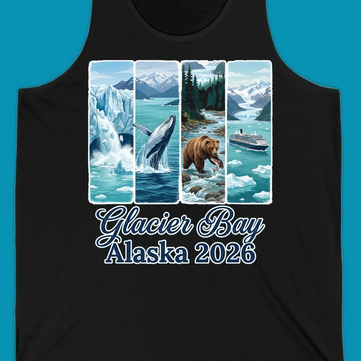 Four-panel Glacier Bay Alaska 2026 illustration featuring glacier icebergs, breaching whale, fishing bear, cruise ship, and snow mountains