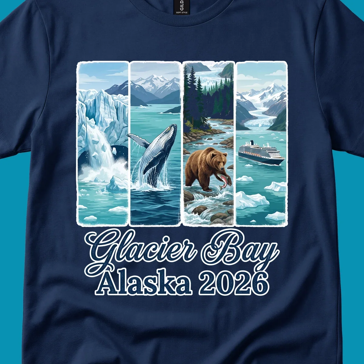 Four-panel Glacier Bay Alaska 2026 illustration featuring glacier icebergs, breaching whale, fishing bear, cruise ship, and snow mountains