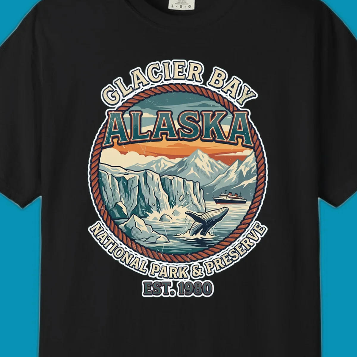 Vintage circular badge design of Glacier Bay National Park featuring glaciers, mountains, whale, and cruise ship with rope border
