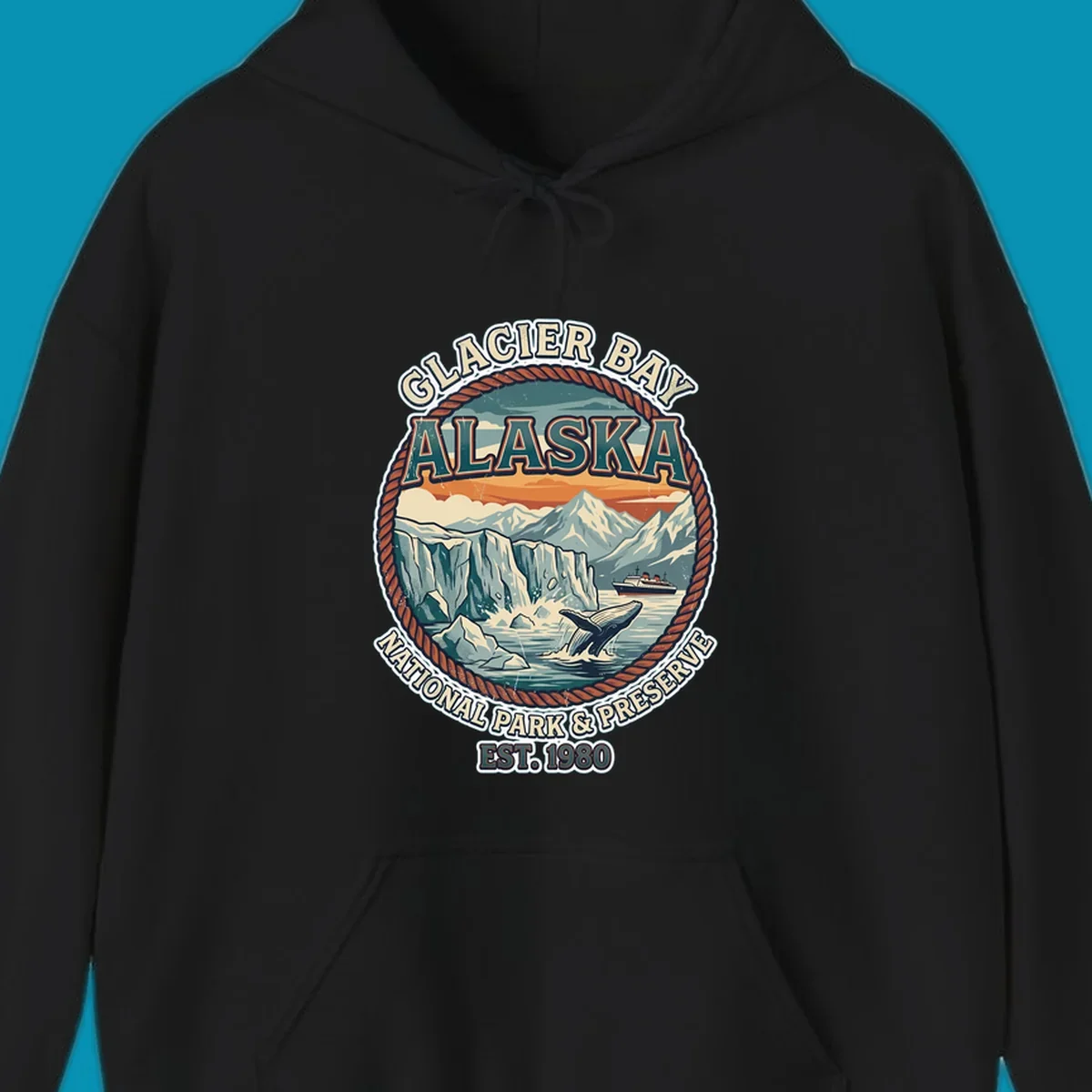 Vintage circular badge design of Glacier Bay National Park featuring glaciers, mountains, whale, and cruise ship with rope border