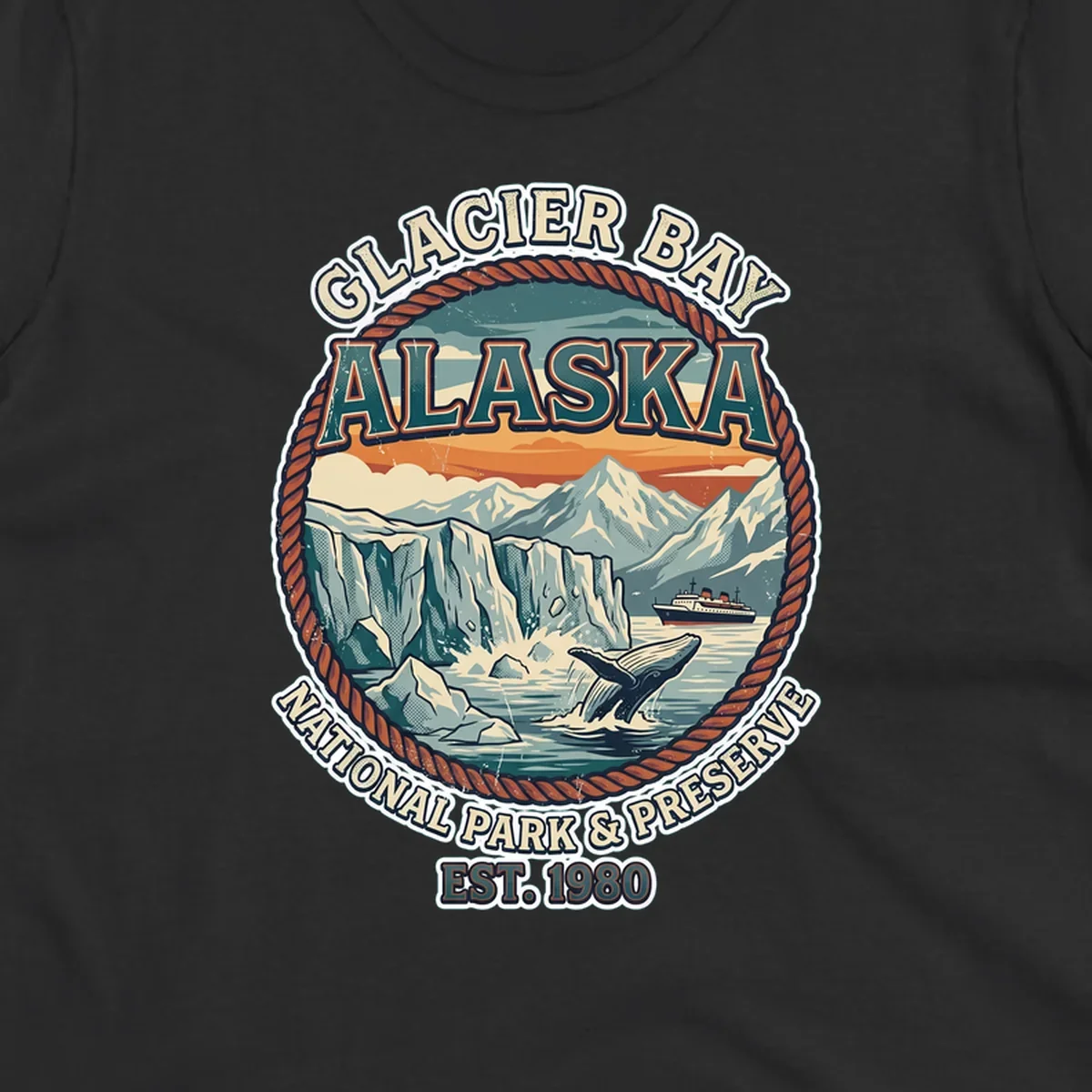 Vintage circular badge design of Glacier Bay National Park featuring glaciers, mountains, whale, and cruise ship with rope border