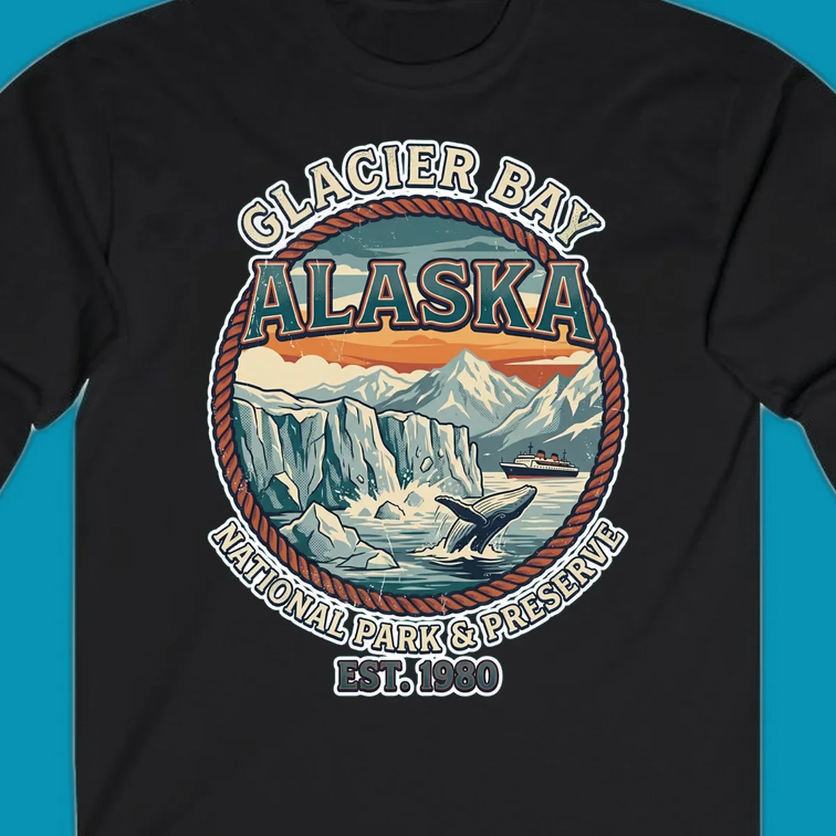 Vintage circular badge design of Glacier Bay National Park featuring glaciers, mountains, whale, and cruise ship with rope border