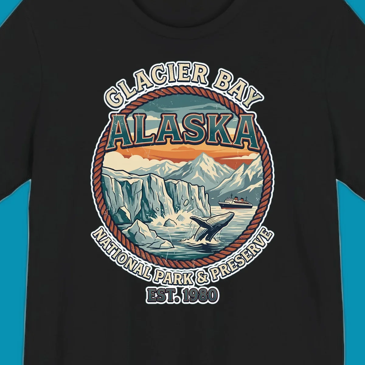 Vintage circular badge design of Glacier Bay National Park featuring glaciers, mountains, whale, and cruise ship with rope border