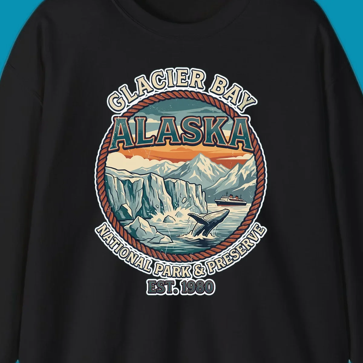 Vintage circular badge design of Glacier Bay National Park featuring glaciers, mountains, whale, and cruise ship with rope border