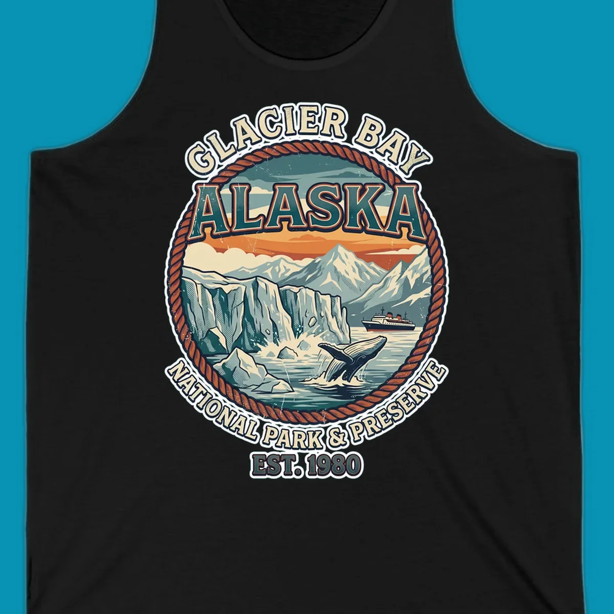 Vintage circular badge design of Glacier Bay National Park featuring glaciers, mountains, whale, and cruise ship with rope border