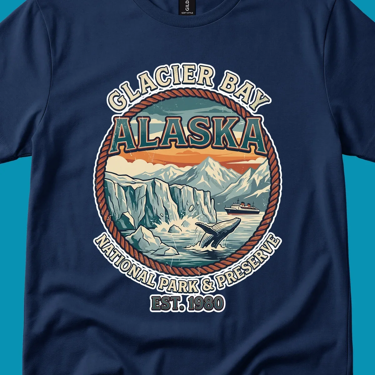 Vintage circular badge design of Glacier Bay National Park featuring glaciers, mountains, whale, and cruise ship with rope border