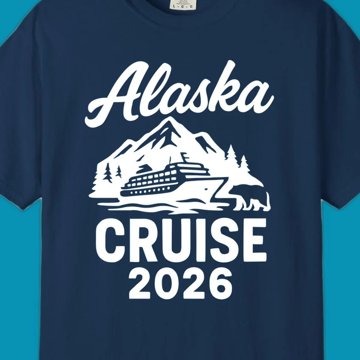 White illustration of cruise ship with mountains, trees and bear for Alaska Cruise 2026 design