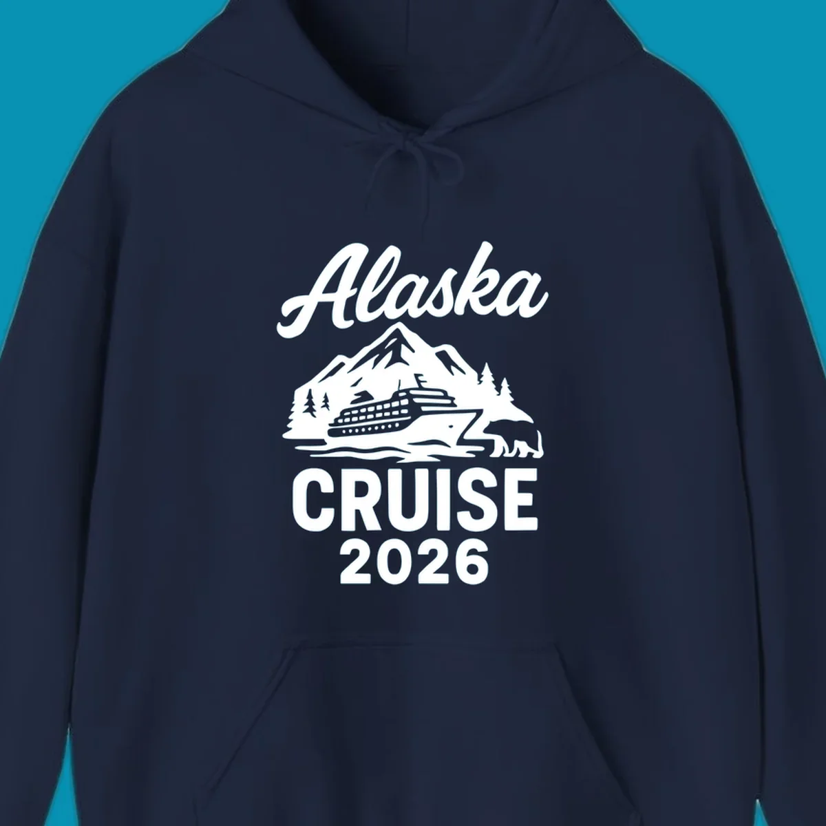 White illustration of cruise ship with mountains, trees and bear for Alaska Cruise 2026 design
