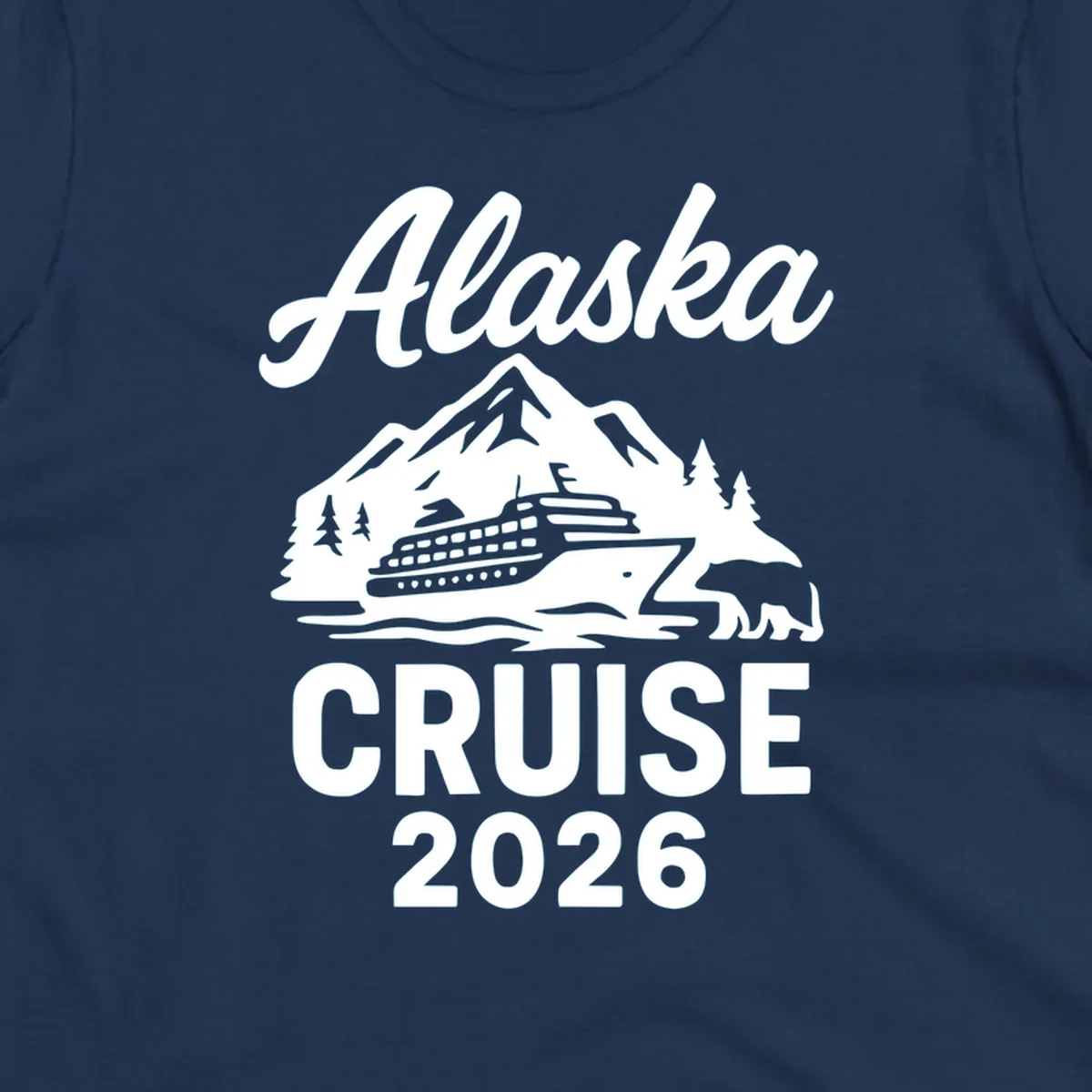 White illustration of cruise ship with mountains, trees and bear for Alaska Cruise 2026 design