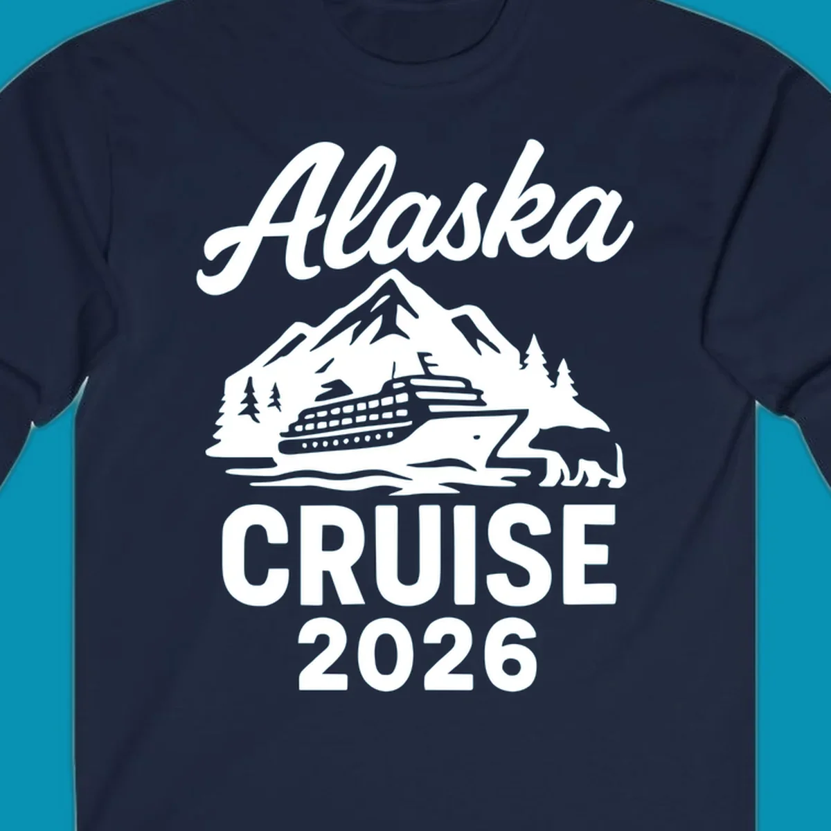 White illustration of cruise ship with mountains, trees and bear for Alaska Cruise 2026 design