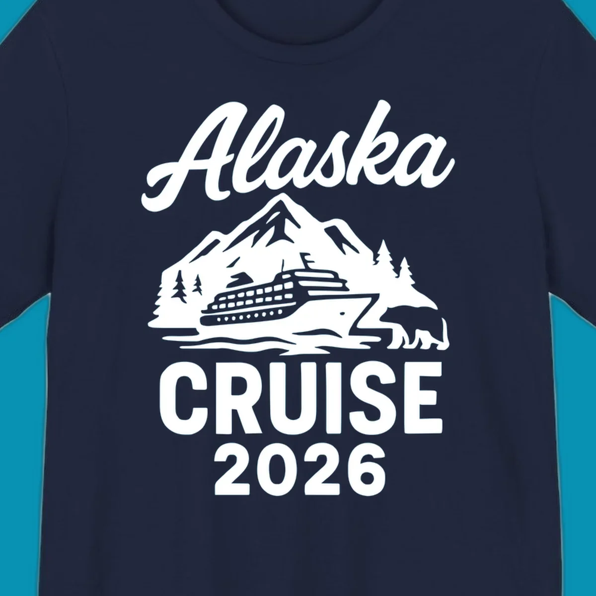 White illustration of cruise ship with mountains, trees and bear for Alaska Cruise 2026 design