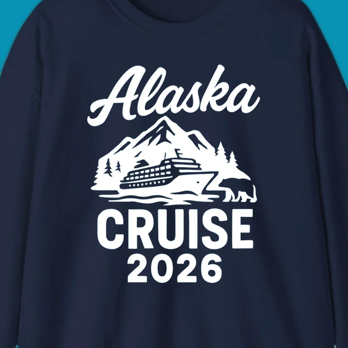 White illustration of cruise ship with mountains, trees and bear for Alaska Cruise 2026 design