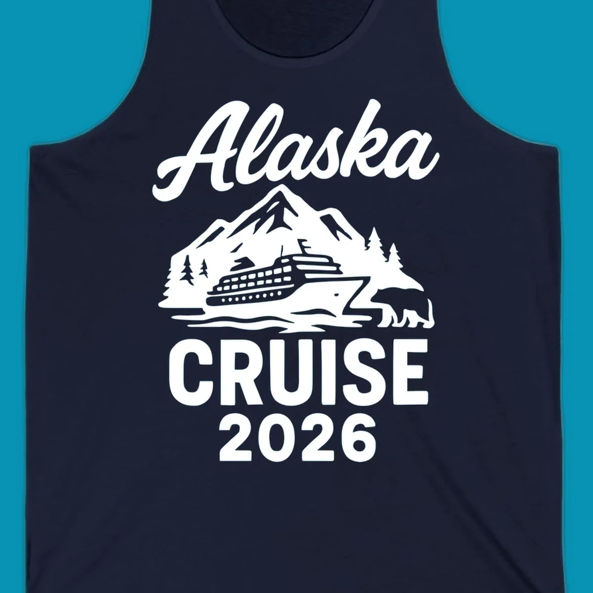 White illustration of cruise ship with mountains, trees and bear for Alaska Cruise 2026 design