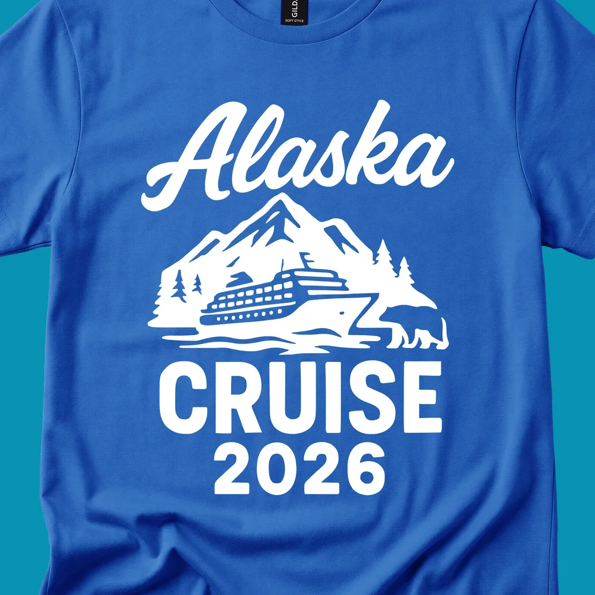White illustration of cruise ship with mountains, trees and bear for Alaska Cruise 2026 design