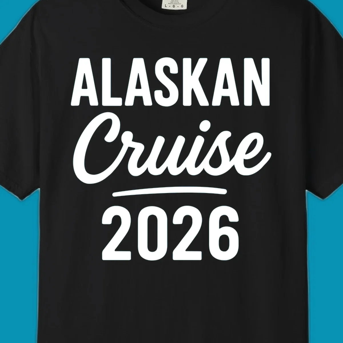 Alaskan Cruise 2026 design with bold white typography and decorative underline on gray background