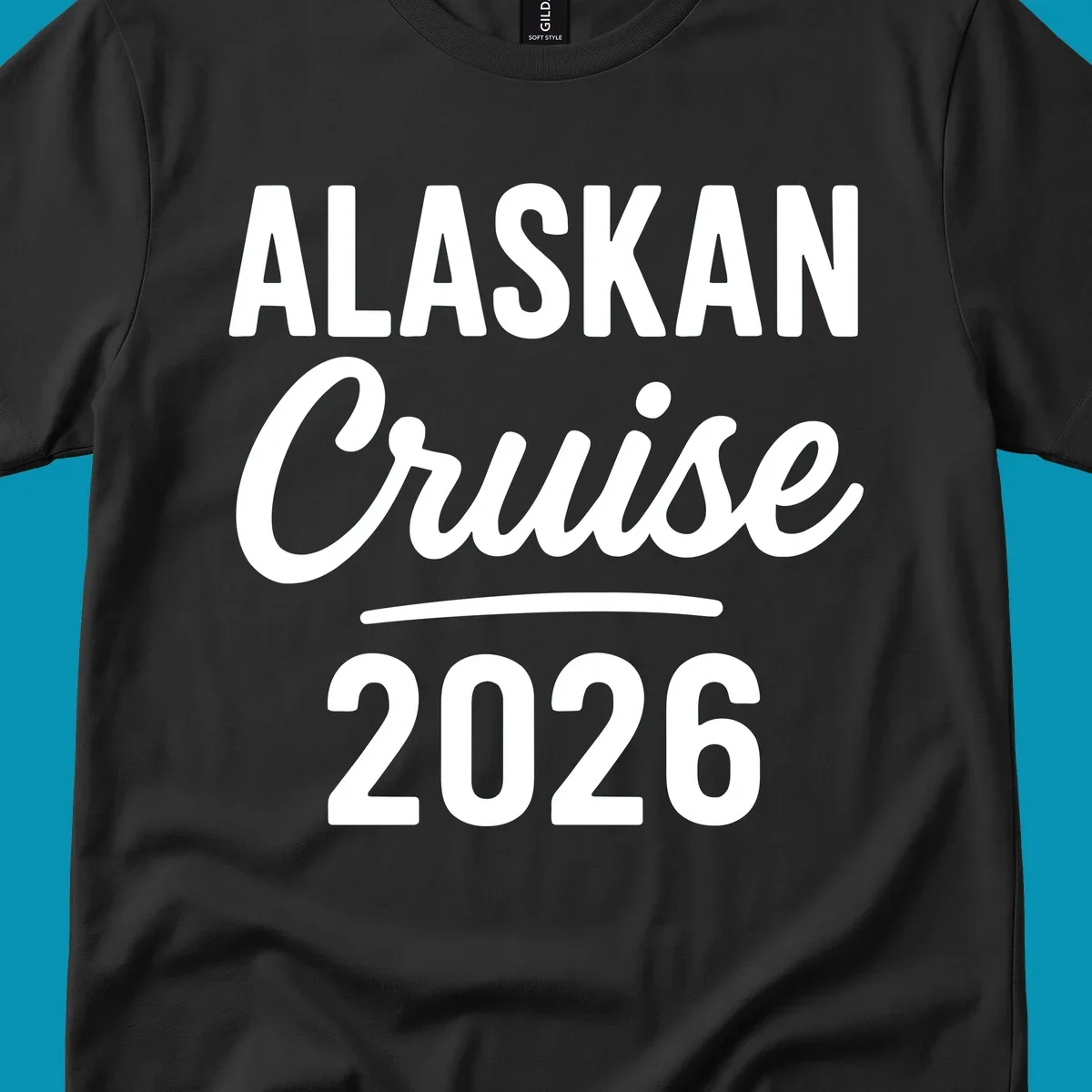 Alaskan Cruise 2026 design with bold white typography and decorative underline on gray background