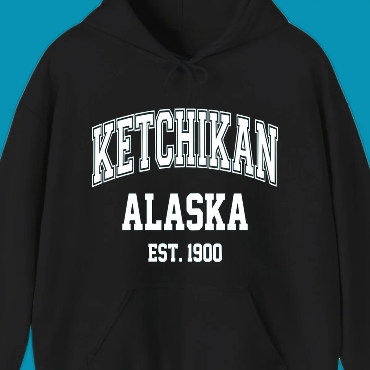 Ketchikan Alaska vintage design with outlined lettering and EST. 1900 date in retro athletic style