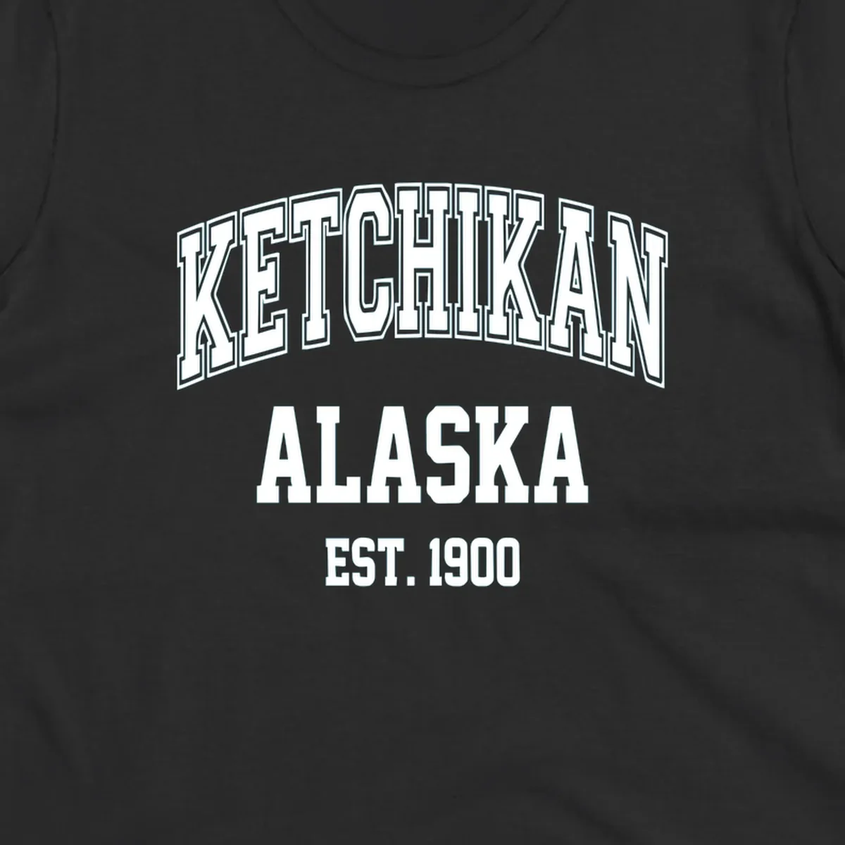 Ketchikan Alaska vintage design with outlined lettering and EST. 1900 date in retro athletic style