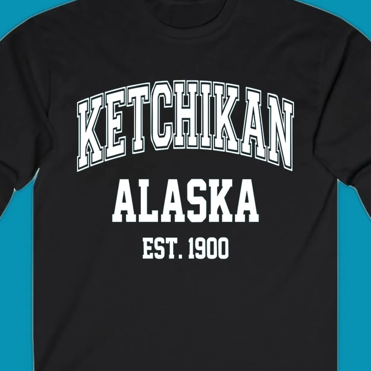 Ketchikan Alaska vintage design with outlined lettering and EST. 1900 date in retro athletic style