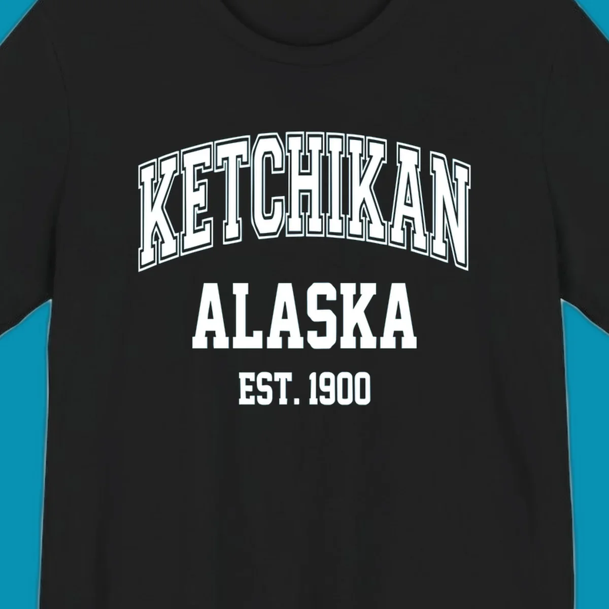 Ketchikan Alaska vintage design with outlined lettering and EST. 1900 date in retro athletic style