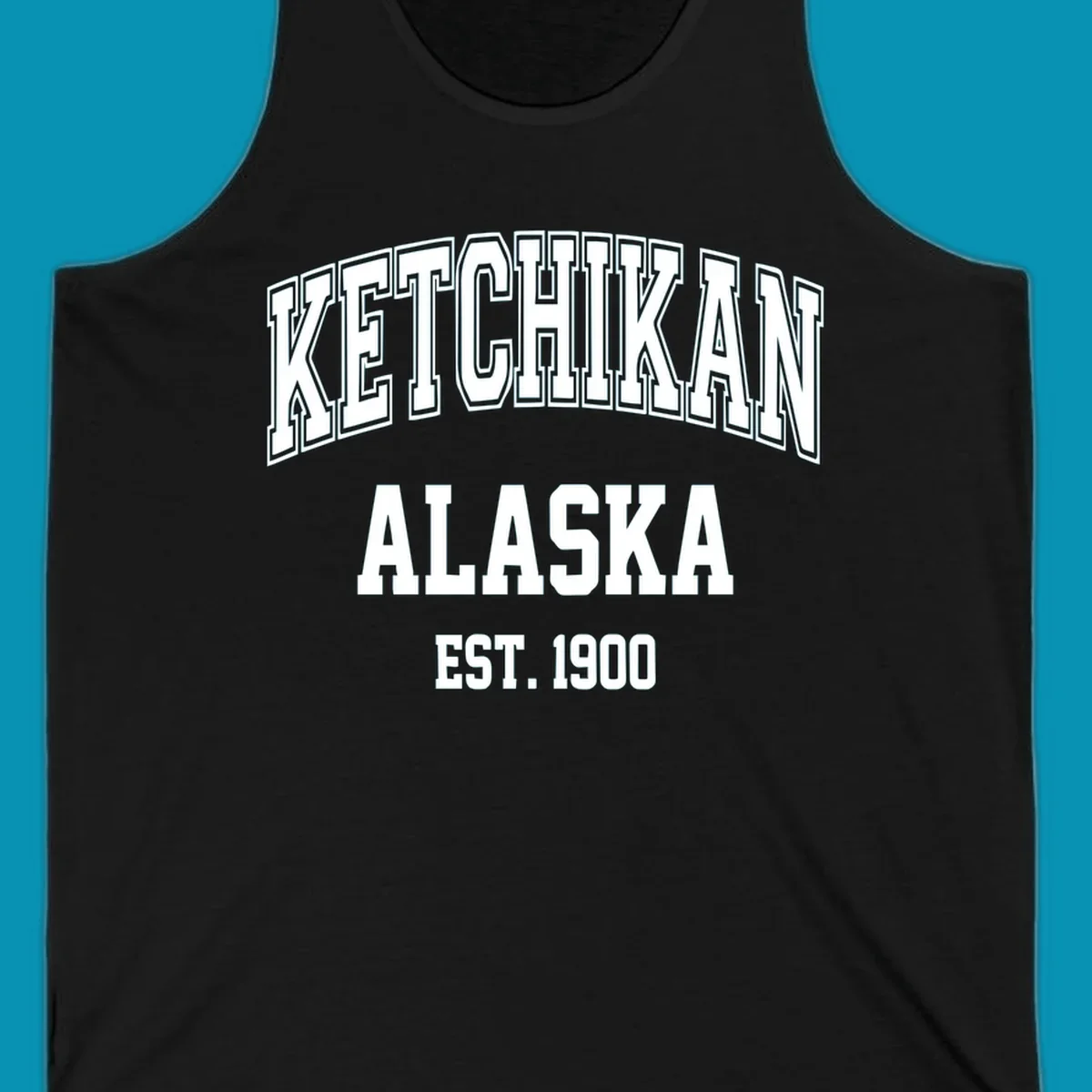 Ketchikan Alaska vintage design with outlined lettering and EST. 1900 date in retro athletic style
