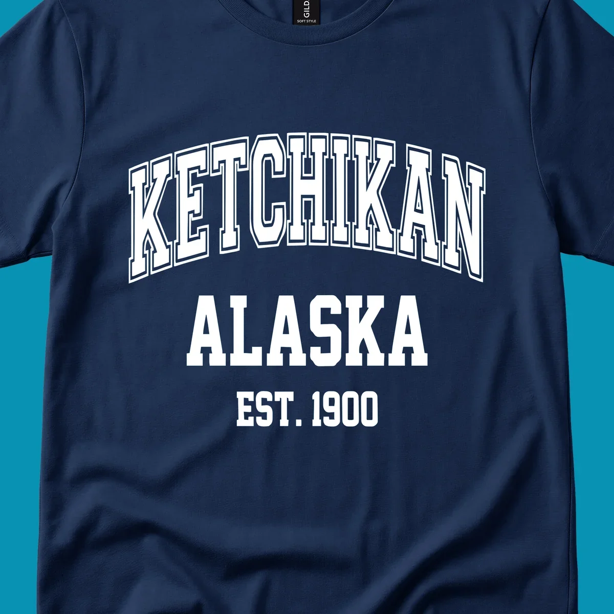 Ketchikan Alaska vintage design with outlined lettering and EST. 1900 date in retro athletic style