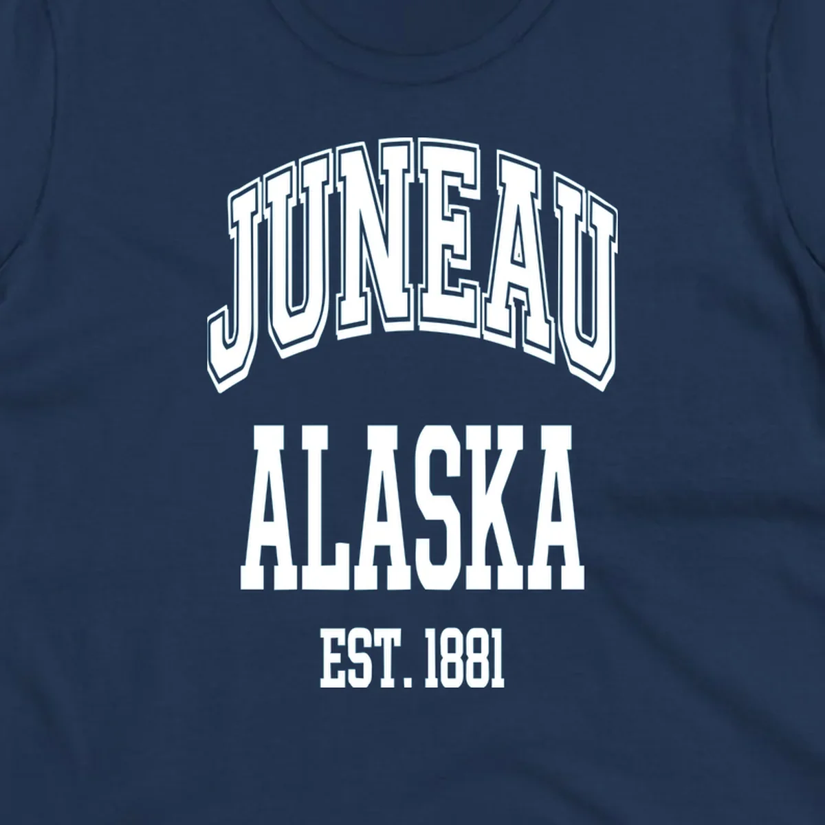 Bold 3D outlined text reading 'Juneau At Alaska Est 1881' in white lettering on gray background