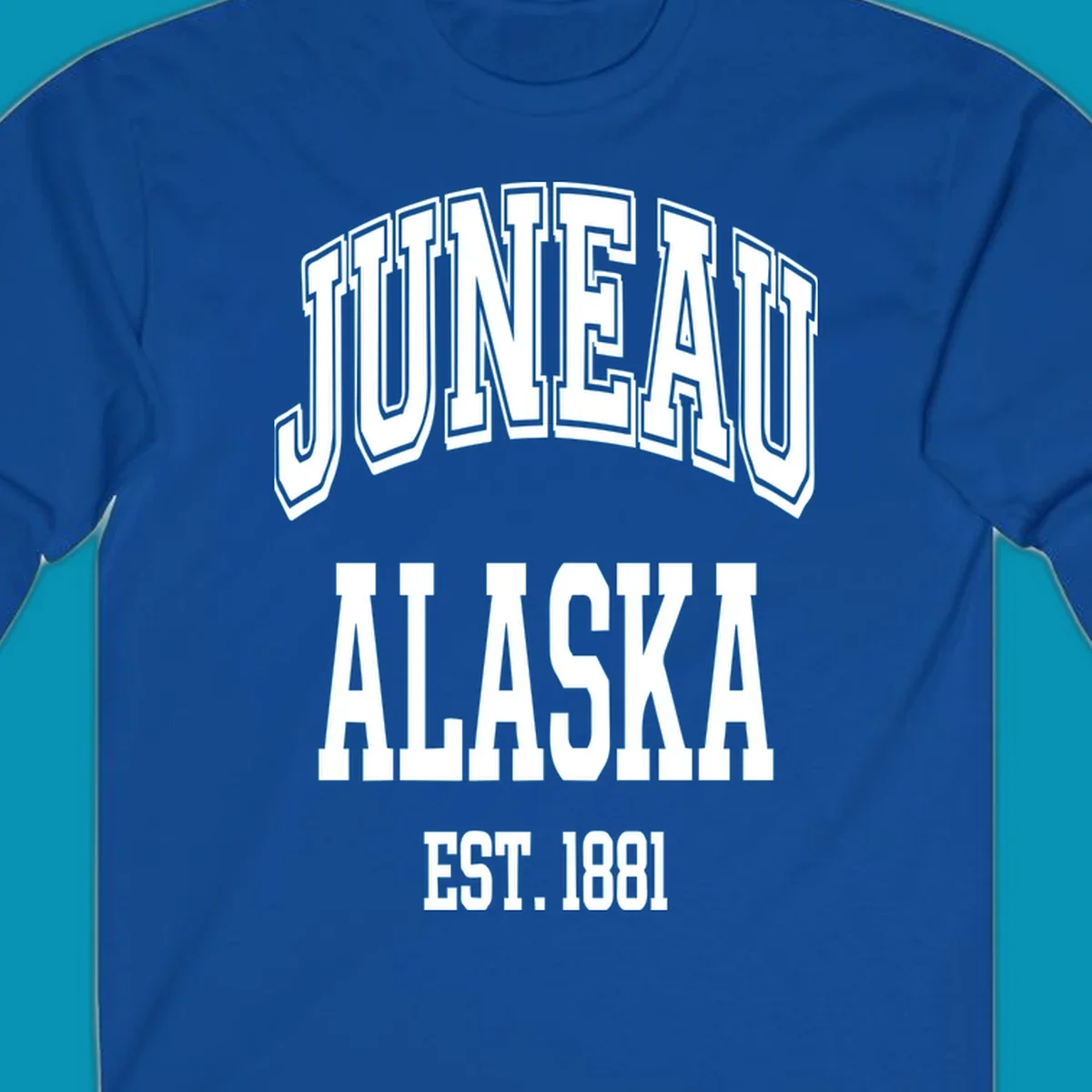 Bold 3D outlined text reading 'Juneau At Alaska Est 1881' in white lettering on gray background