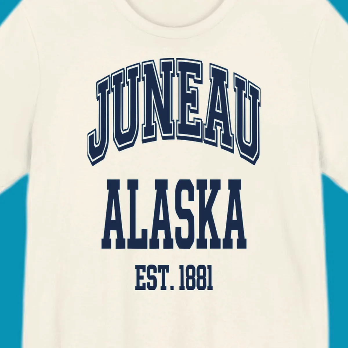 Bold 3D outlined text reading 'Juneau At Alaska Est 1881' in white lettering on gray background