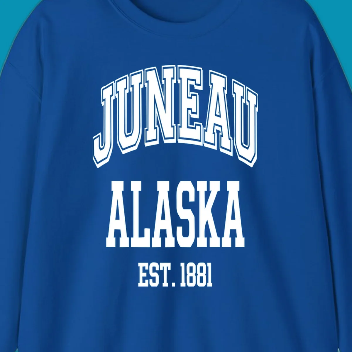 Bold 3D outlined text reading 'Juneau At Alaska Est 1881' in white lettering on gray background