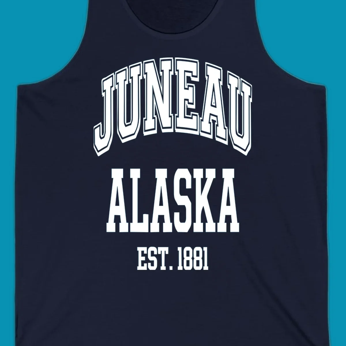 Bold 3D outlined text reading 'Juneau At Alaska Est 1881' in white lettering on gray background