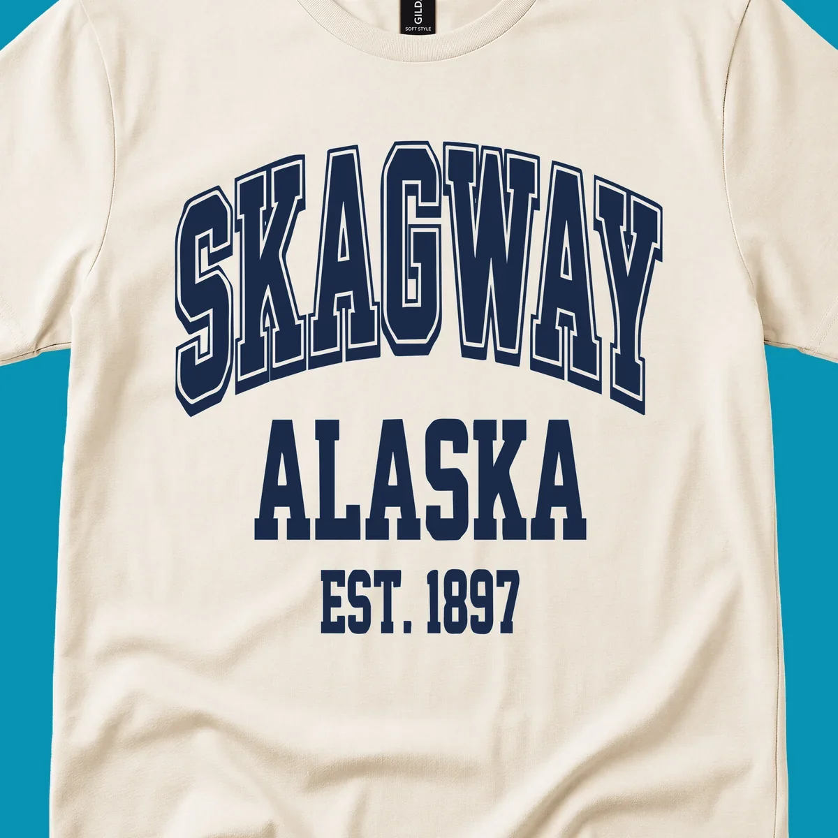 Vintage-style badge with bold outlined text reading Skagway Alaska Est. 1897 with decorative arrow accents on gray background.